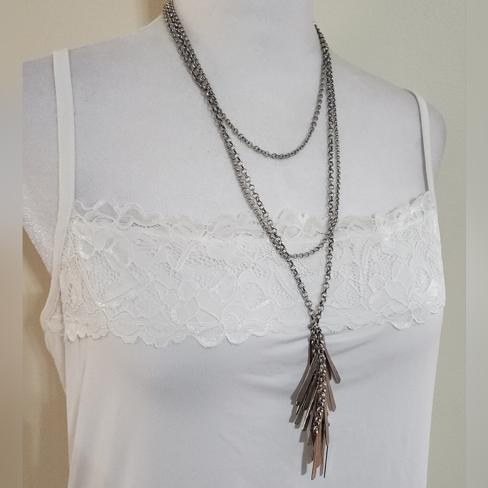Lucky Brand Triple Strand Silver-toned Necklace with Silver Tassel Accent
